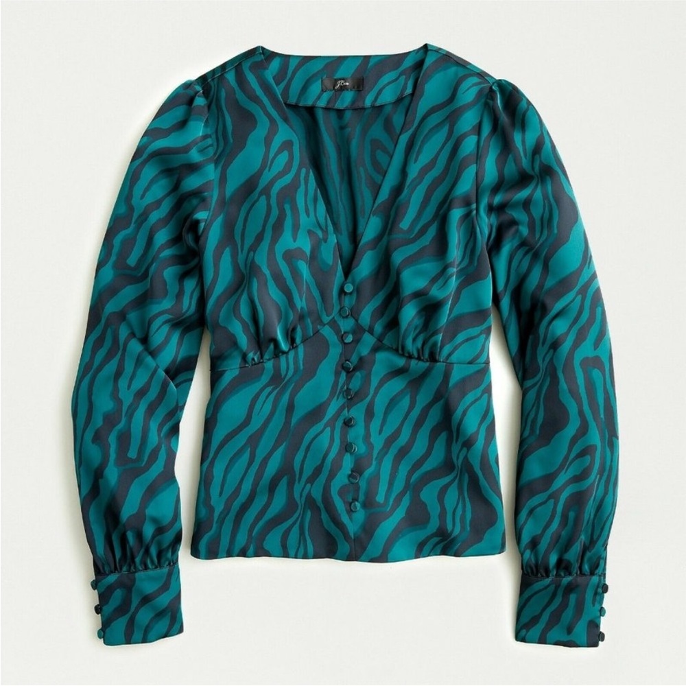 J. Crew Emerald Green and Black Striped Satin Blouse Sz 8 Deep V zebra stripe